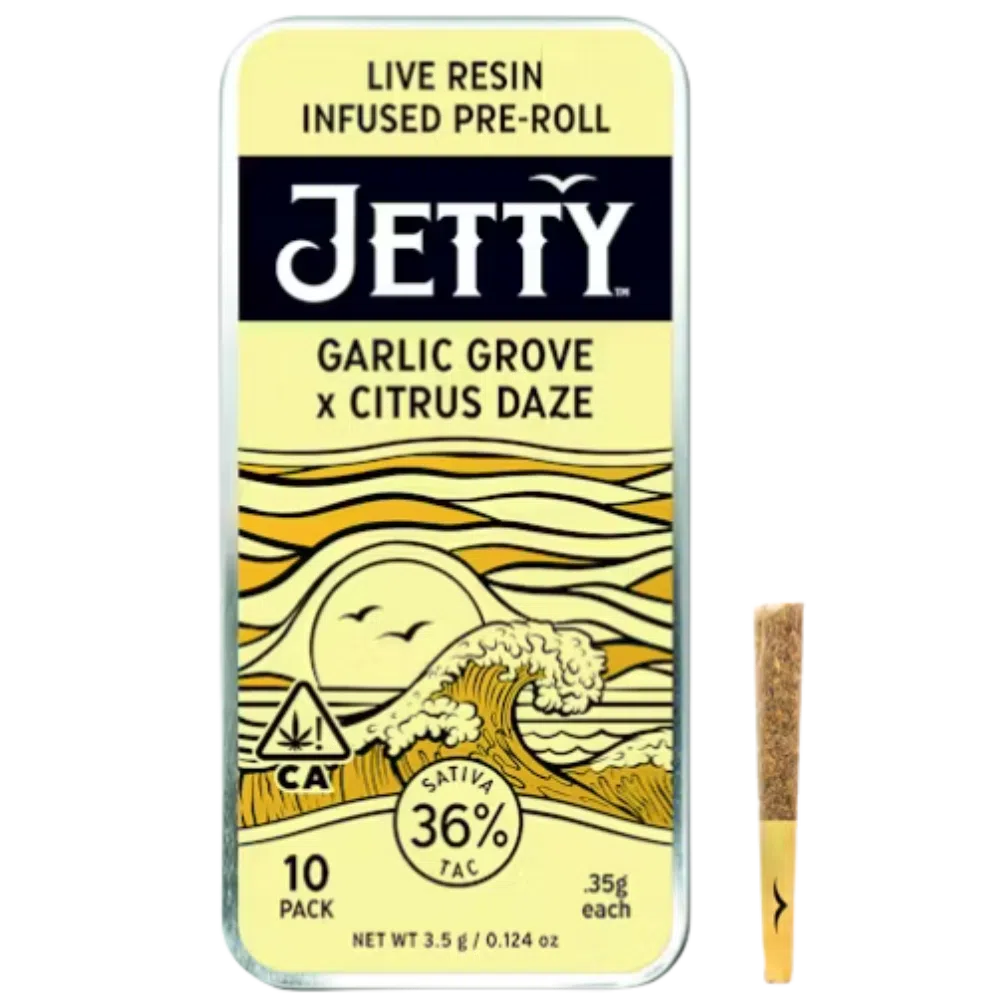 Jetty – Garlic Grove x Citrus Daze – 10-Pack Live Resin Prerolls (Sativa) – 3.5g Total Jetty – Garlic Grove x Citrus Daze – 10-Pack Live Resin Prerolls (Sativa) – 3.5g Total