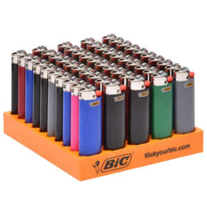 Orange BIC lighter display with rows of colorful disposable lighters standing upright in a retail rack.