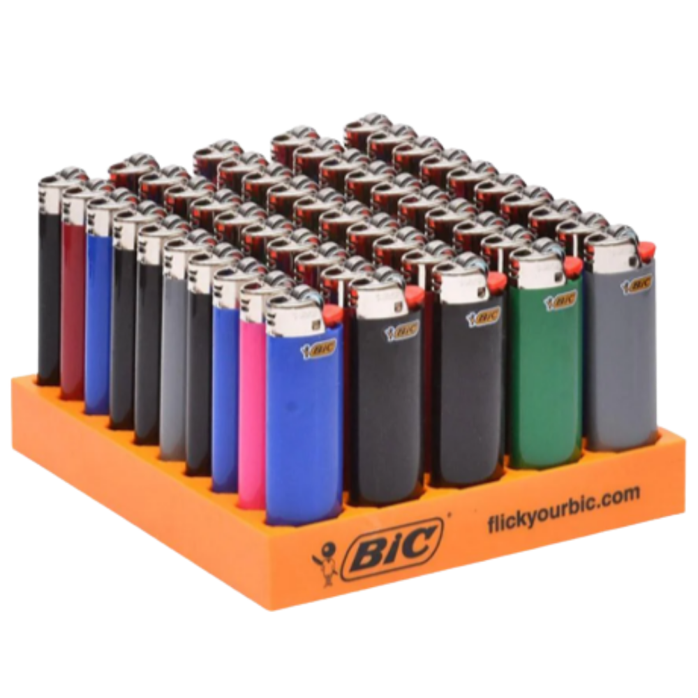 Orange BIC lighter display with rows of colorful disposable lighters standing upright in a retail rack.