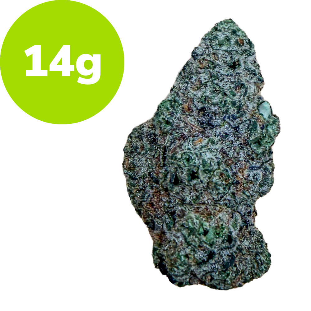 Rough rock specimen with green mineral specks and a lime-green label reading '14 g' in the upper-left corner.