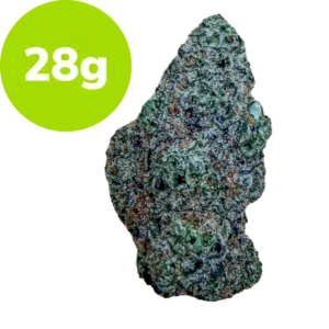 Bright green circular label reading '28g' beside a rough greenish rock on a black background.