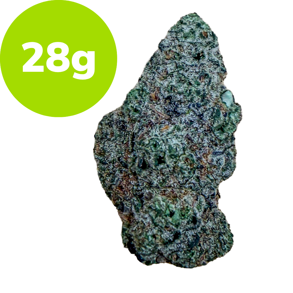 Bright green circular label reading '28g' beside a rough greenish rock on a black background.