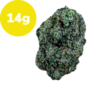 Greenish rocky mineral with a bright yellow badge reading '14 g' indicating its weight.