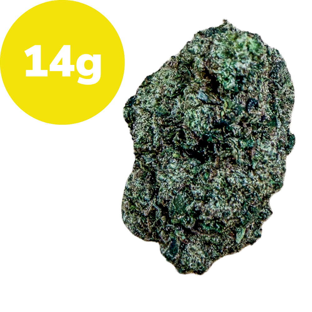 Greenish rocky mineral with a bright yellow badge reading '14 g' indicating its weight.