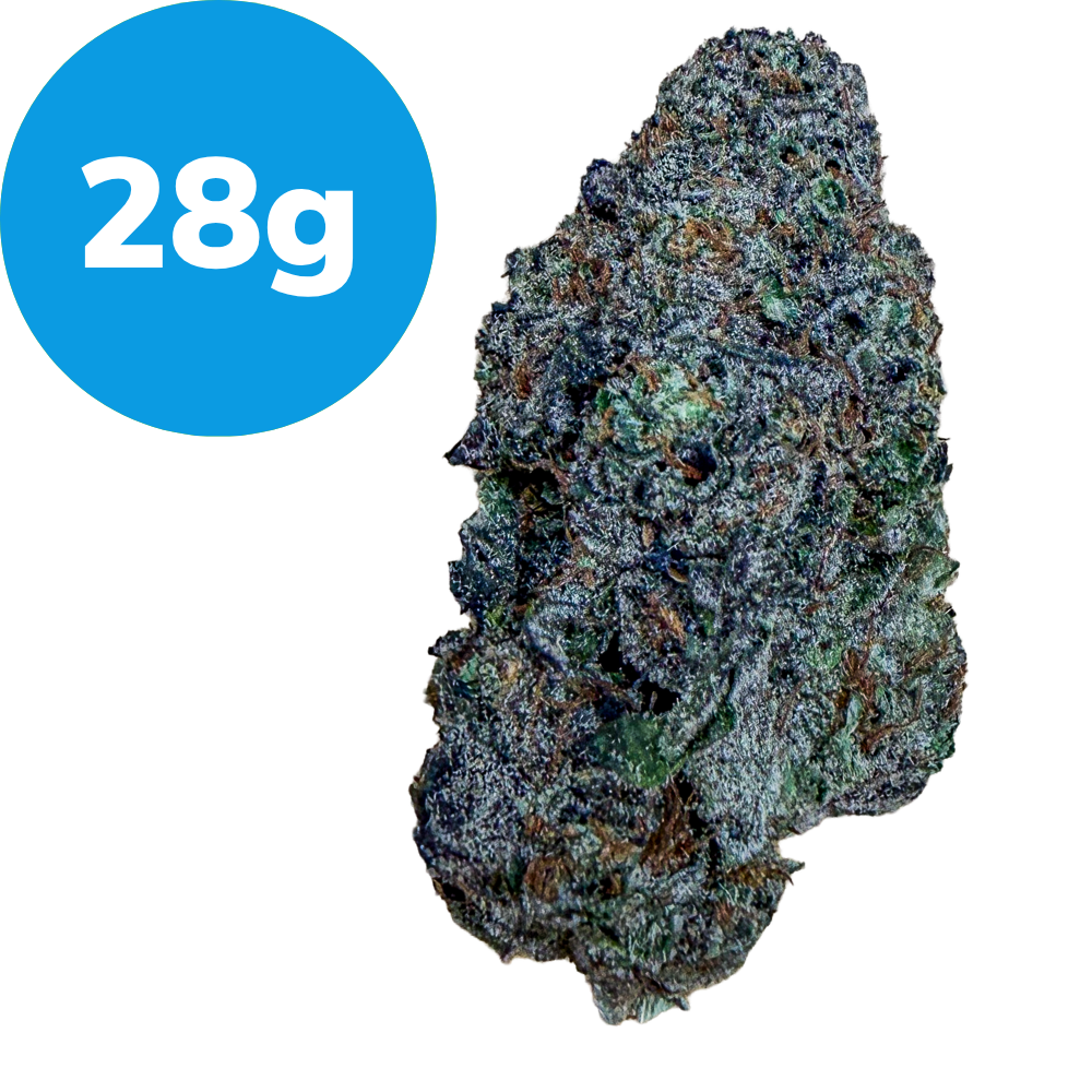 Cannabis bud with frosty crystals next to a blue 28g label indicating weight