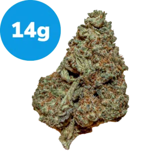 Cannabis bud with a blue circle label reading '14g' in the corner.