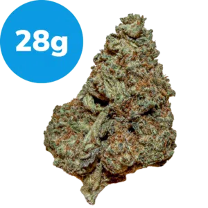 Dense cannabis bud with frosty trichomes and green-orange hues, accompanied by a blue 28g label