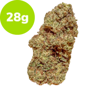 Dense cannabis bud next to a lime-green 28g badge indicating weight