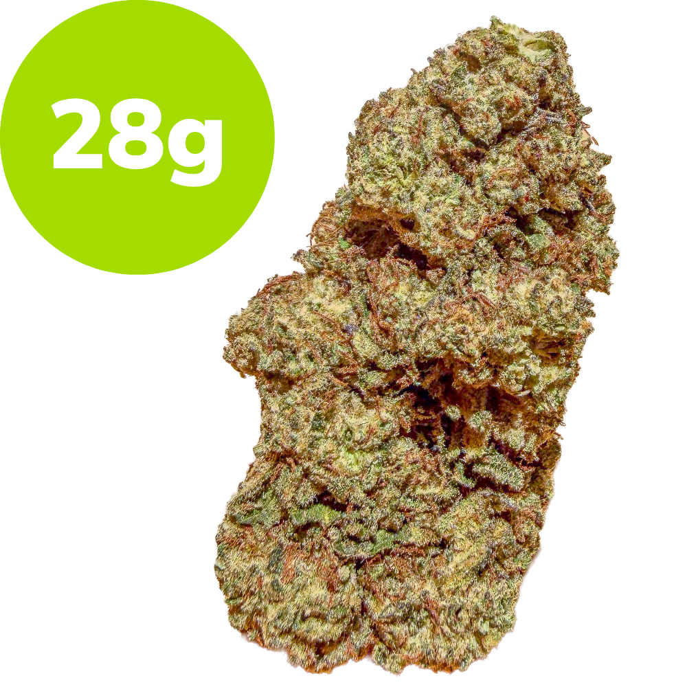 Dense cannabis bud next to a lime-green 28g badge indicating weight