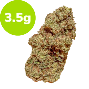 Cannabis bud next to a bright green circle labeled '3.5g' indicating weight on the image surface.