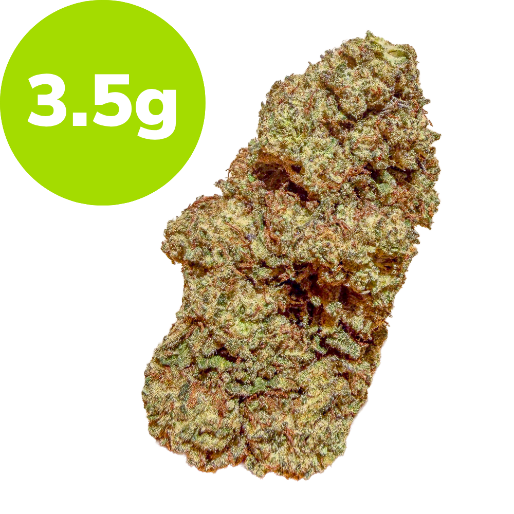 Cannabis bud next to a bright green circle labeled '3.5g' indicating weight on the image surface.