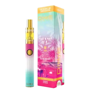 Dime Live Resin – 1g Miami Ice Disposable Pen (Hybrid) Colorful DIME all-in-one vape pen with a turquoise-to-pink gradient, shown beside its tropical packaging box