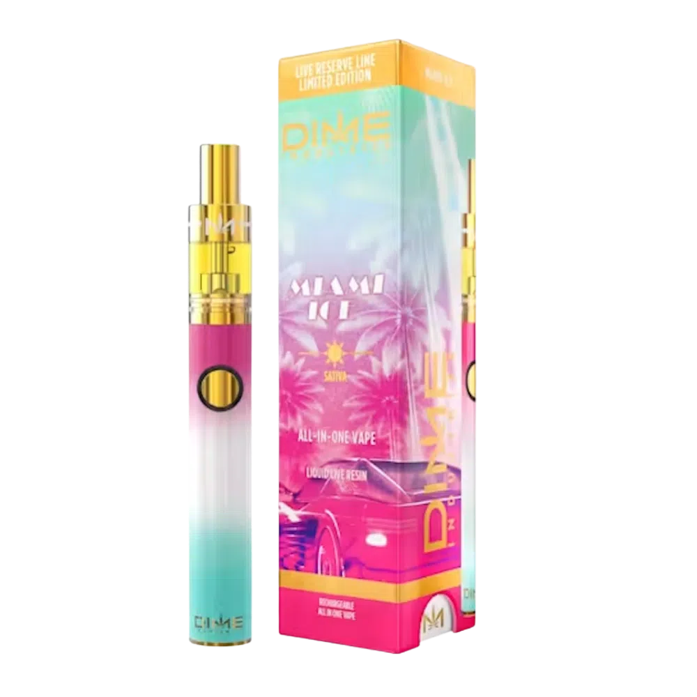 Dime Live Resin – 1g Miami Ice Disposable Pen (Hybrid) Colorful DIME all-in-one vape pen with a turquoise-to-pink gradient, shown beside its tropical packaging box