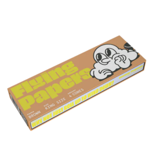 Brown rectangular packaging with large yellow text and a white cartoon panda illustration on the top surface.