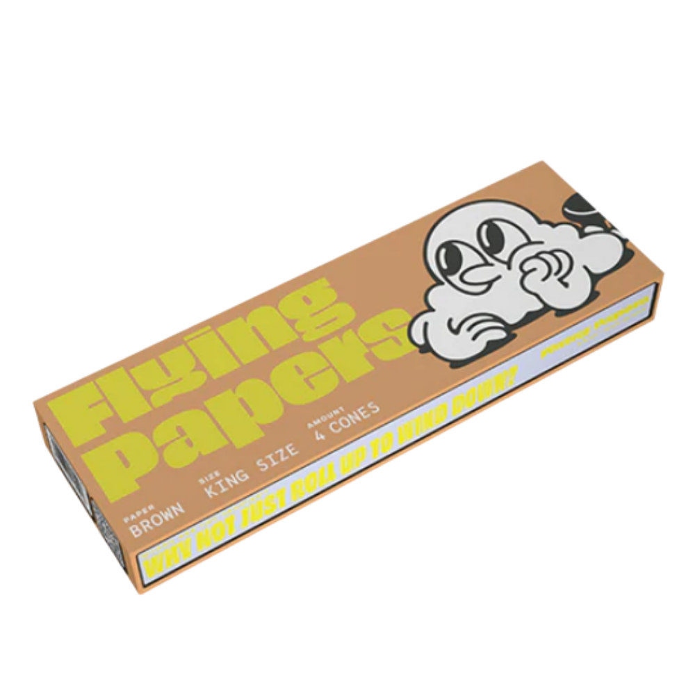 Brown rectangular packaging with large yellow text and a white cartoon panda illustration on the top surface.