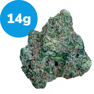 Rock specimen with a rough, green patina and a blue 14 g label indicating its weight