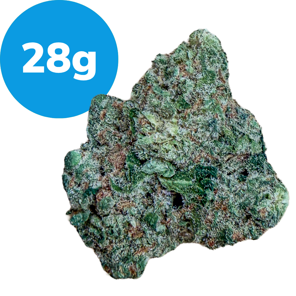 Green mineral rock sample labeled 28 g with a blue circular tag indicating weight