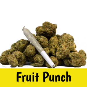 Pile of cannabis buds with a white joint laid across them, and a bright yellow banner reading 'Fruit Punch' at the bottom.