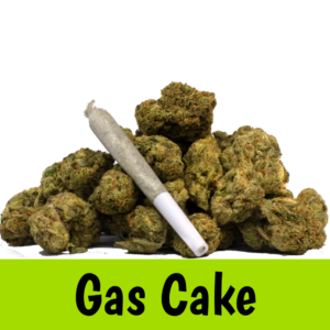 Pile of cannabis buds with a white joint resting on top and a lime banner reading 'Gas Cake'