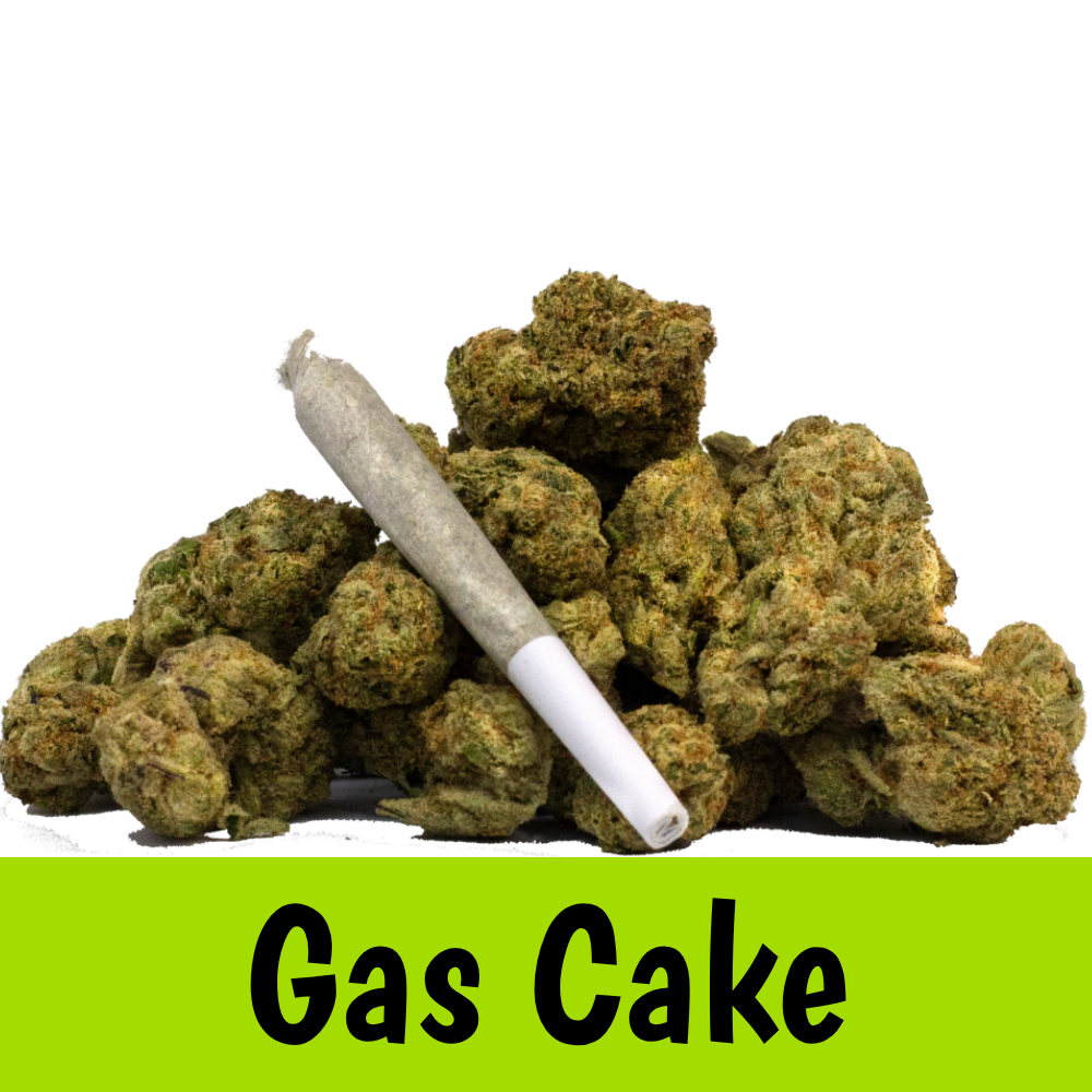 Pile of cannabis buds with a white joint resting on top and a lime banner reading 'Gas Cake'