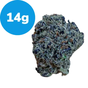 14g – Gas Mask (Indica) Blue circular tag with bold white text reading '14g' placed beside a rough, rock-like nugget.