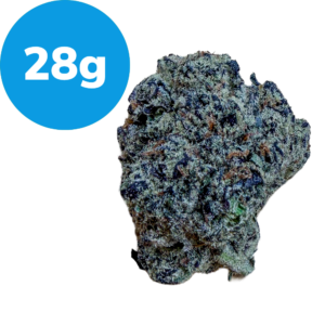 28g – Gas Mask (Indica) Cannabis bud with frosty trichomes and orange hairs, labeled 28 g