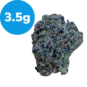 3.5g – Gas Mask (Indica) Cannabis bud covered in crystals with a blue 3.5 g weight label
