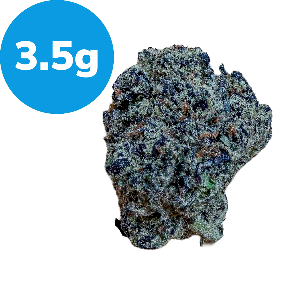 3.5g – Gas Mask (Indica) Cannabis bud covered in crystals with a blue 3.5 g weight label