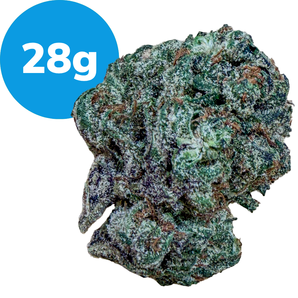 Cannabis bud with a blue 28g label overlapping the top-left corner