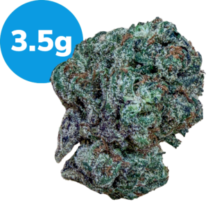 Cannabis bud with a blue badge reading 3.5 g, indicating weight