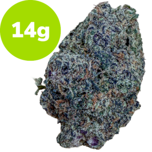 Cannabis bud with a bright green circle showing '14 g' in the top-left corner.