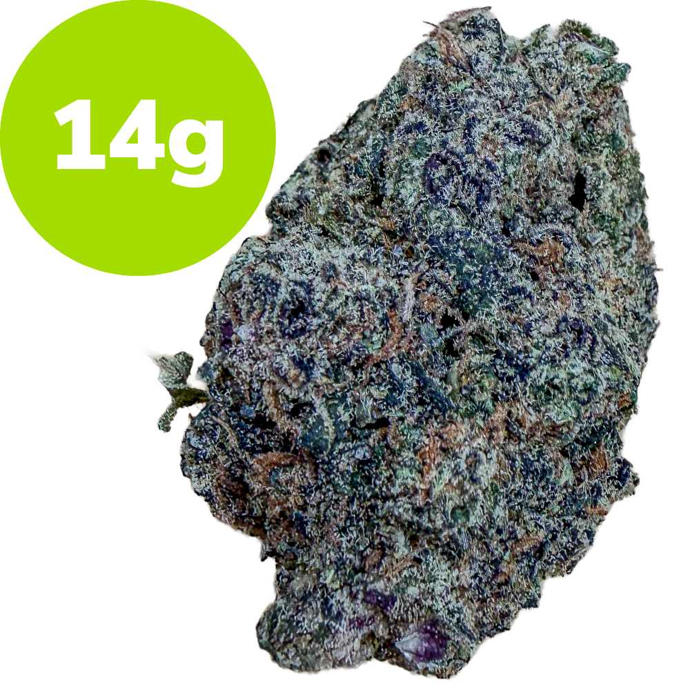 Cannabis bud with a bright green circle showing '14 g' in the top-left corner.
