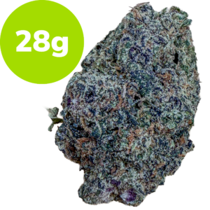 Cannabis bud weighing 28 grams with a bright green 28g label in the corner