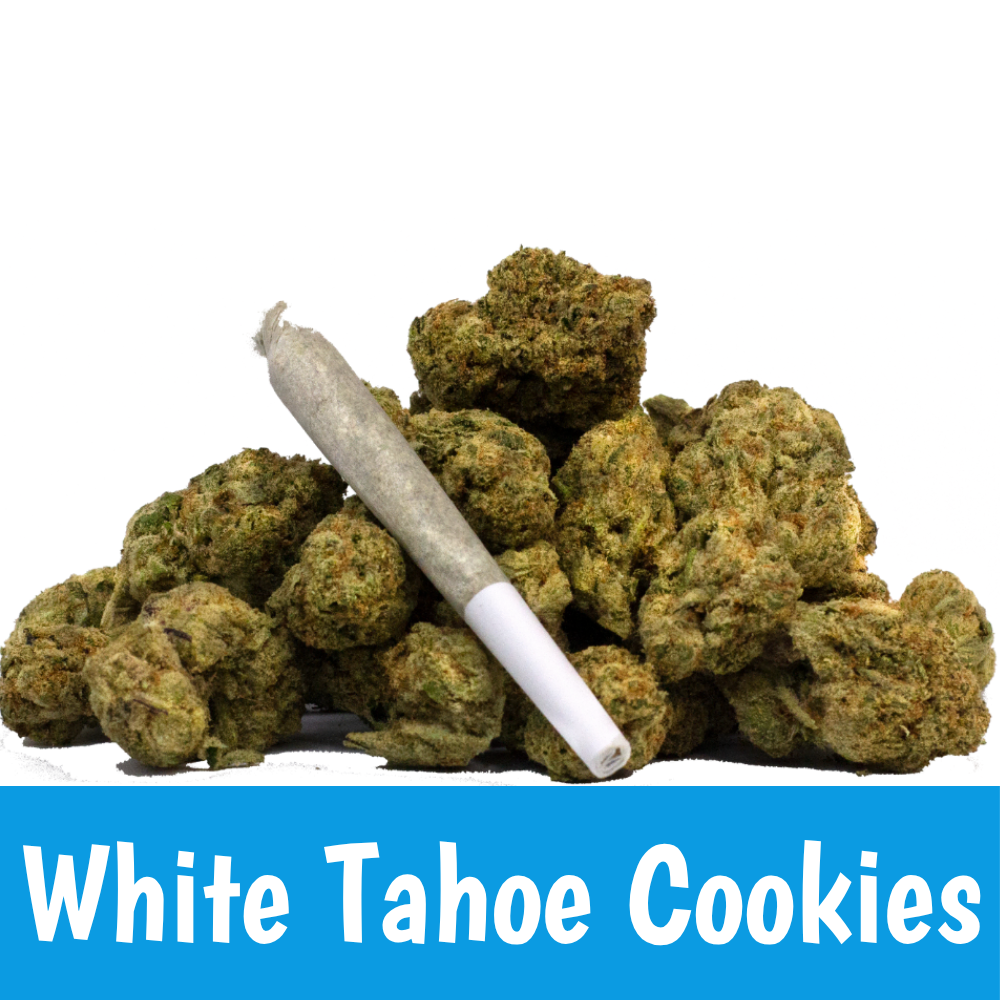 Pile of cannabis buds with a joint laying across them; blue banner at the bottom reads 'White Tahoe Cookies'.