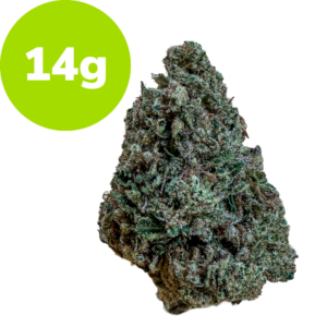 Cannabis bud with frosty green crystals next to a lime 14g badge.