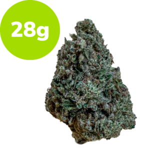 Cannabis bud with a lime green 28g label in the top-left corner.