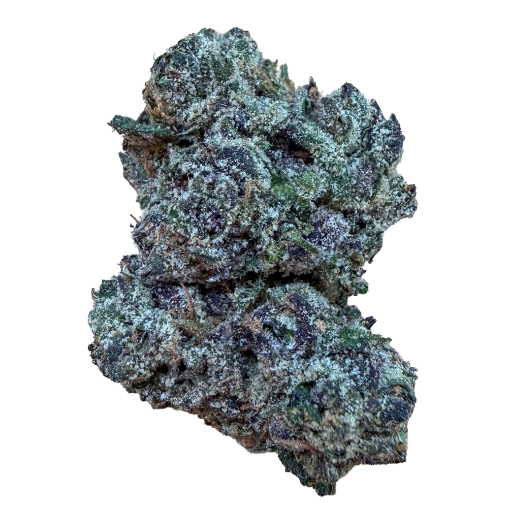 Dense cannabis bud with frosty trichomes, green and purple hues.
