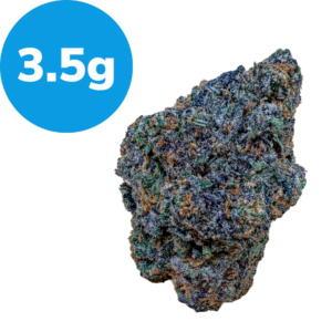 3.5g – Master Bubba (Indica) Cannabis bud next to a blue 3.5 g label indicating weight