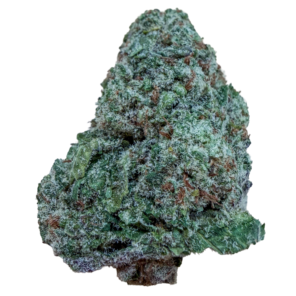 Close-up of a frosted cannabis bud with green and purple hues, covered in crystalline trichomes.