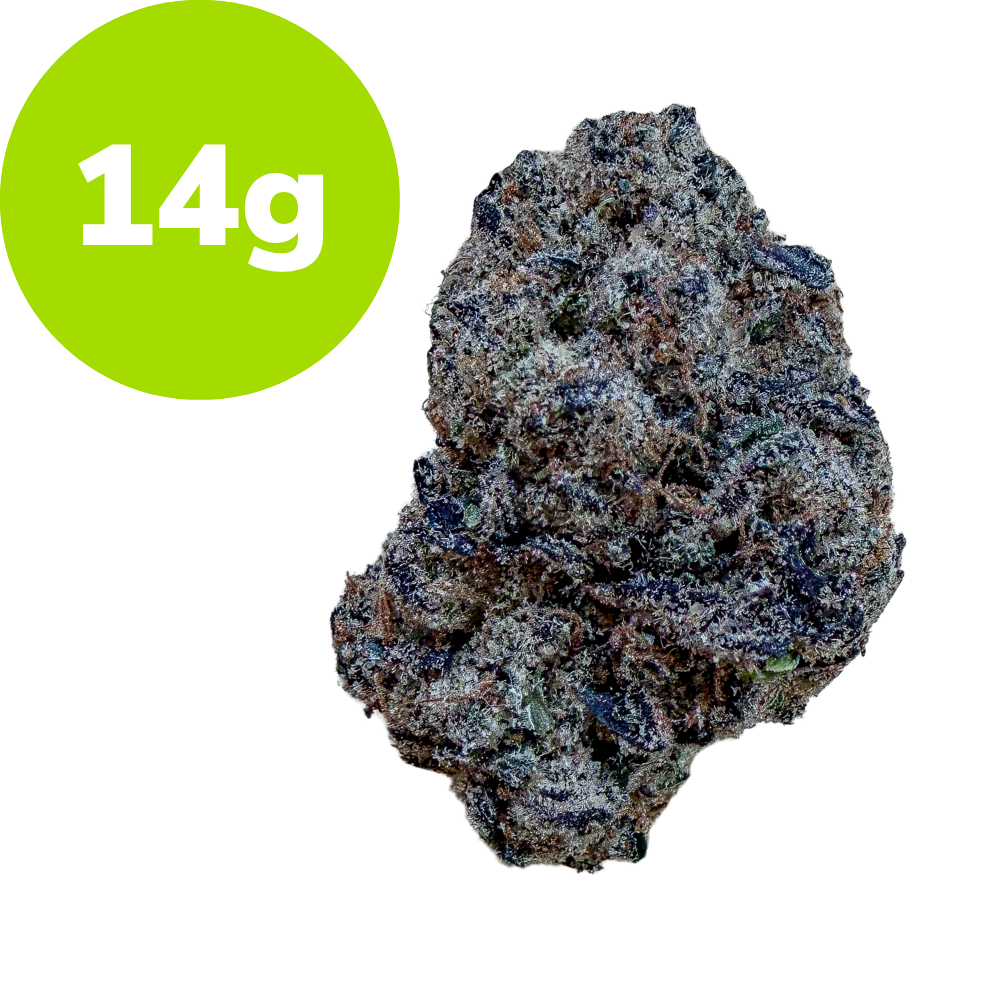 14g – White Nerds (Hybrid) Rocky mineral nugget with a bright green 14 g label indicating weight