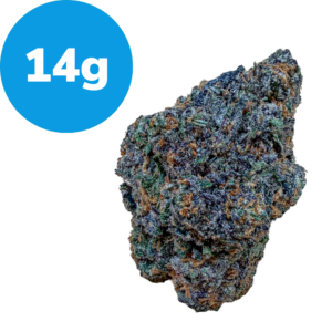 14g – Master Bubba (Indica) Cannabis nugget with frosty crystals and a blue circular badge reading 14g in the top-left corner