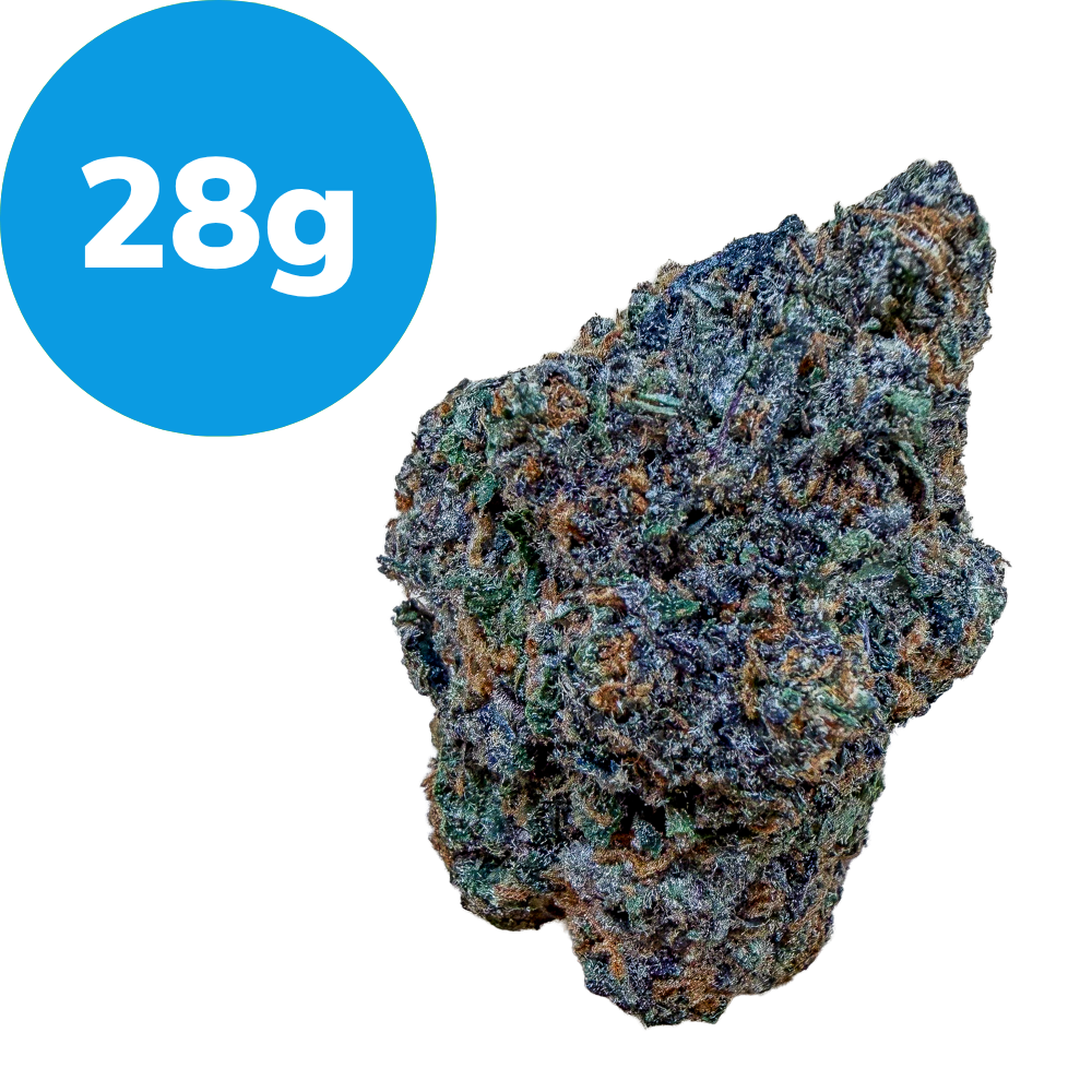 28g – Master Bubba (Indica) Blue circular badge labeled '28g' next to a textured, crystal-covered rock or mineral specimen