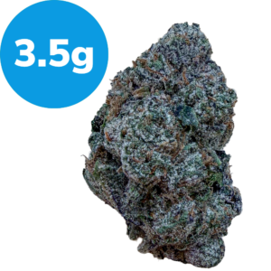 3.5g – Nice Cherry (Indica) Cannabis bud with frosty trichomes labeled 3.5 g