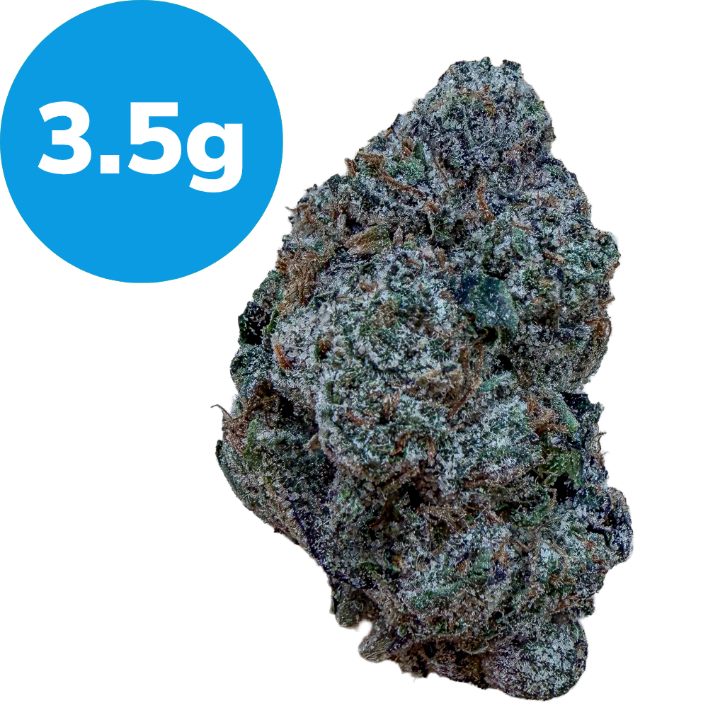 3.5g – Nice Cherry (Indica) Cannabis bud with frosty trichomes labeled 3.5 g