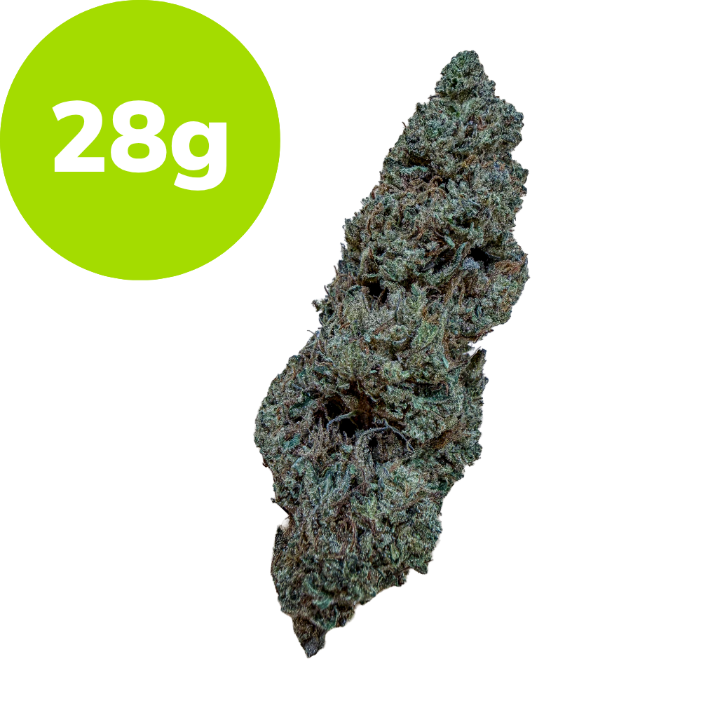 28g – OG Skunk (Hybrid) Cannabis bud beside a bright green 28g weight label indicating product weight.