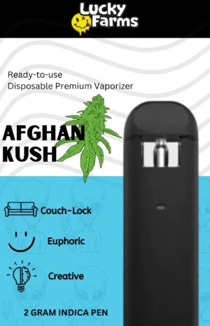 2g – Afghan Kush Disposable Pen (Indica) Ready-to-use disposable premium vaporizer package labeled Afghan Kush by Lucky Farms with a black device on the right and a cannabis leaf graphic.