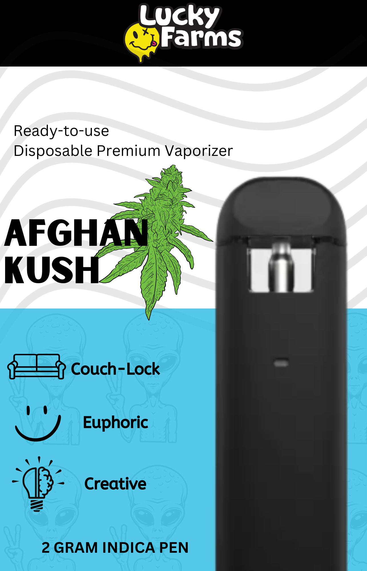 2g – Afghan Kush Disposable Pen (Indica) Ready-to-use disposable premium vaporizer package labeled Afghan Kush by Lucky Farms with a black device on the right and a cannabis leaf graphic.