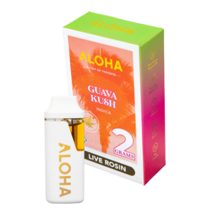 ALOHA 2g – Guava Kush Disposable Pen – Live Hash Rosin (Indica) White vape device with ALOHA branding beside a colorful Guava Kush live rosin box (2 grams). See palm tree artwork on the box as the packaging stands upright behind the device.”,
