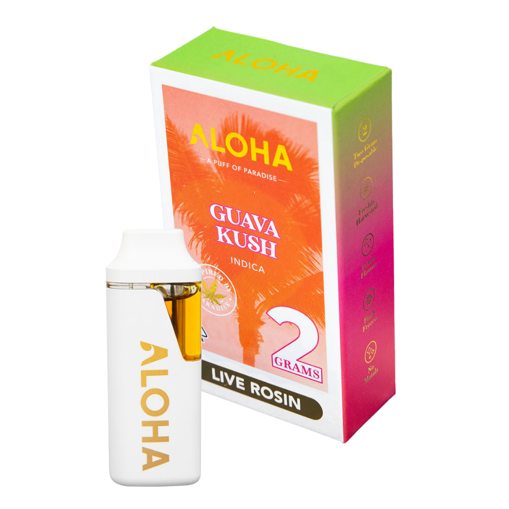 ALOHA 2g – Guava Kush Disposable Pen – Live Hash Rosin (Indica) White vape device with ALOHA branding beside a colorful Guava Kush live rosin box (2 grams). See palm tree artwork on the box as the packaging stands upright behind the device.”,