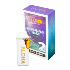 ALOHA 2g – Honolulu Haze Disposable Pen – Live Hash Rosin (Sativa) Aloha Honolulu Haze live rosin cannabis box with a white vape bottle labeled ALOHA next to it.
